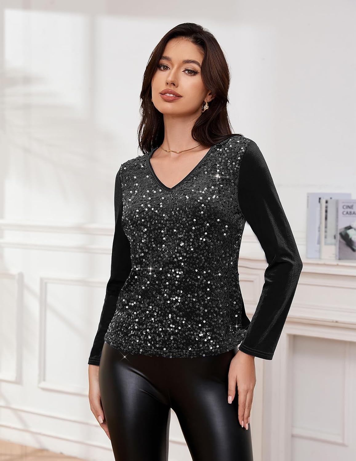 image:imageDRESSTELLS Womens Sequin Velvet Holiday Tops Glitter Sparkly Party BlouseBlack1