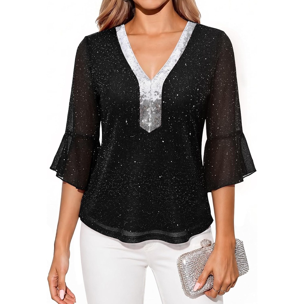 image:imageDRESSTELLS Women 34 Sleeve Sequin Tunic Top Sparkly Formal Blouses ShirtBlack