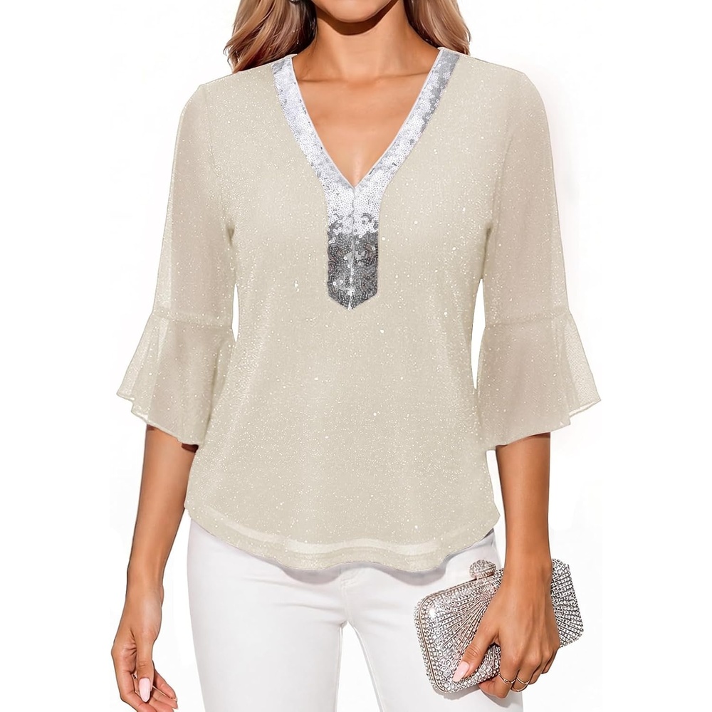 image:imageDRESSTELLS Women 34 Sleeve Sequin Tunic Top Sparkly Formal Blouses ShirtIvory