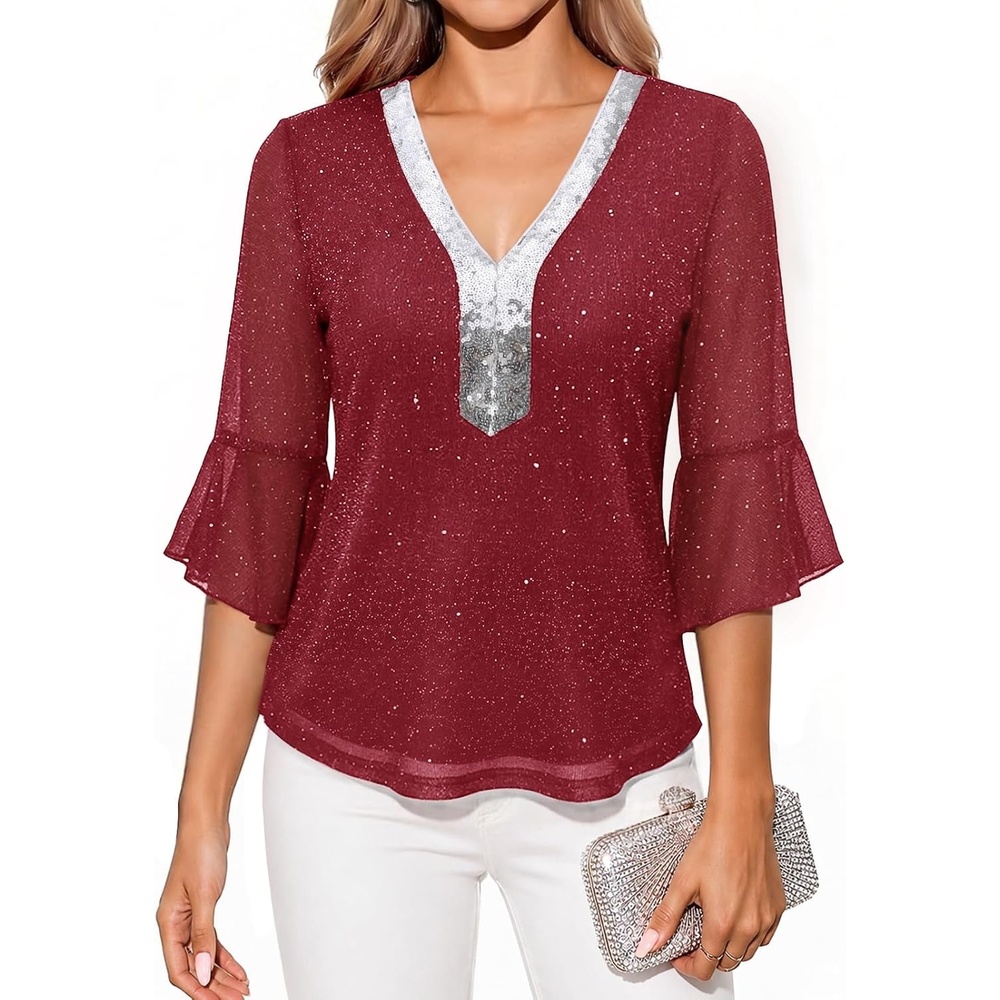 image:imageDRESSTELLS Women 34 Sleeve Sequin Tunic Top Sparkly Formal Blouses ShirtWinered