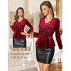 DRESSTELLS Sequin Velvet Party Tops for Women, Sparkly Christmas Blouses(Burgundy)
