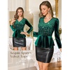 DRESSTELLS Sequin Velvet Party Tops for Women, Sparkly Christmas Blouses(Dark Green)