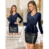 DRESSTELLS Sequin Velvet Party Tops for Women, Sparkly Christmas Blouses(Navy)