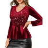 DRESSTELLS Sequin Velvet Party Tops for Women, Sparkly Christmas Blouses(Burgundy)