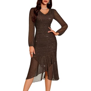 DRESSTELLS Cocktail Dresses for Women Formal Wedding Guest, Sparkly Evening(Brown)