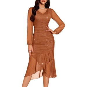 DRESSTELLS Cocktail Dresses for Women Formal Wedding Guest, Sparkly Evening(Caramel)