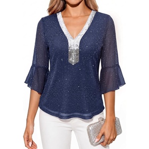DRESSTELLS Women 3/4 Sleeve Sequin Tunic Top Sparkly Formal Blouses Shirt(Navy)