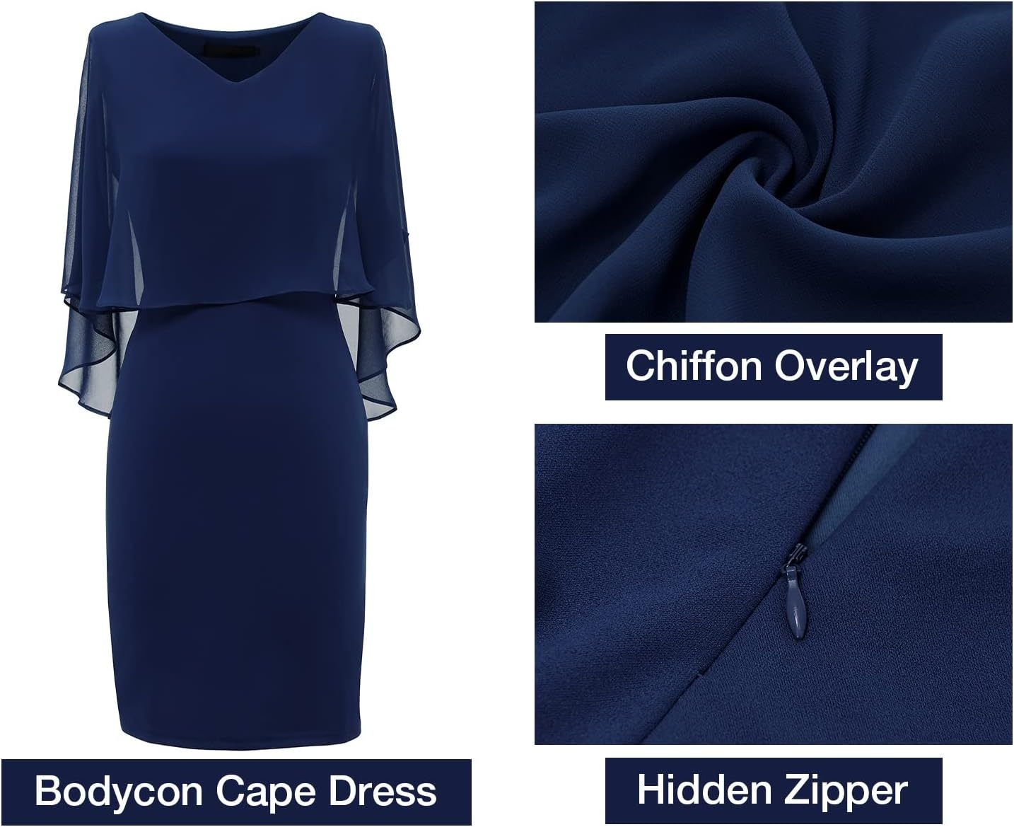 image:imageDRESSTELLS Dress with Chiffon Overlay Cape 2023 Mother of The Bride Cocktail Wedding Guest DressBodycon Navy