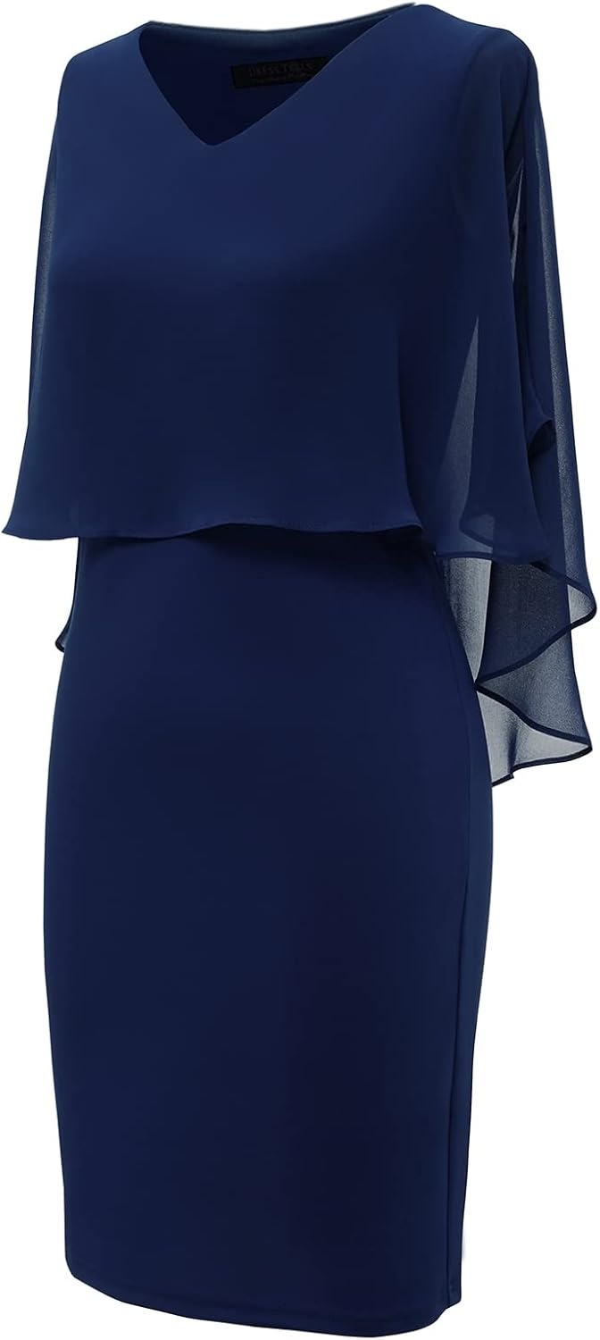 image:imageDRESSTELLS Dress with Chiffon Overlay Cape 2023 Mother of The Bride Cocktail Wedding Guest DressBodycon Navy