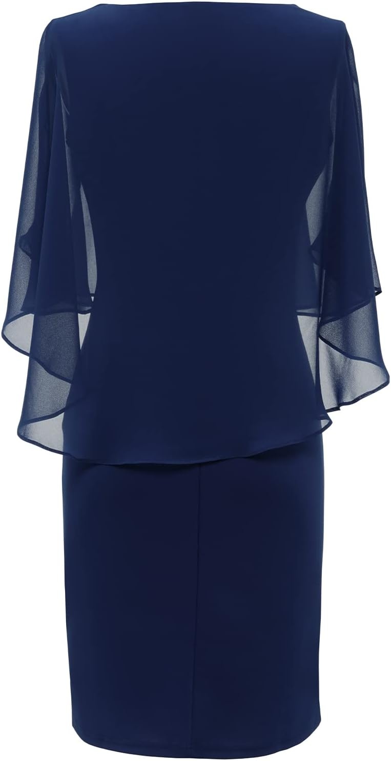 image:imageDRESSTELLS Dress with Chiffon Overlay Cape 2023 Mother of The Bride Cocktail Wedding Guest DressBodycon Navy