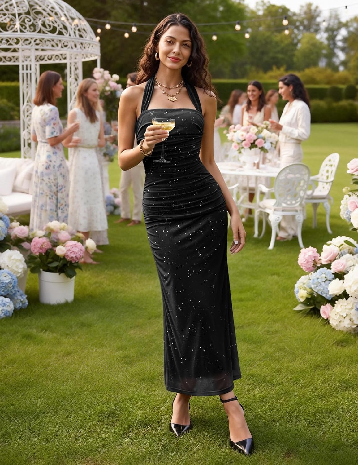 image:imageDRESSTELLS Sparkly Bodycon Maxi Cocktail Dress for Formal Wedding GuestBlack
