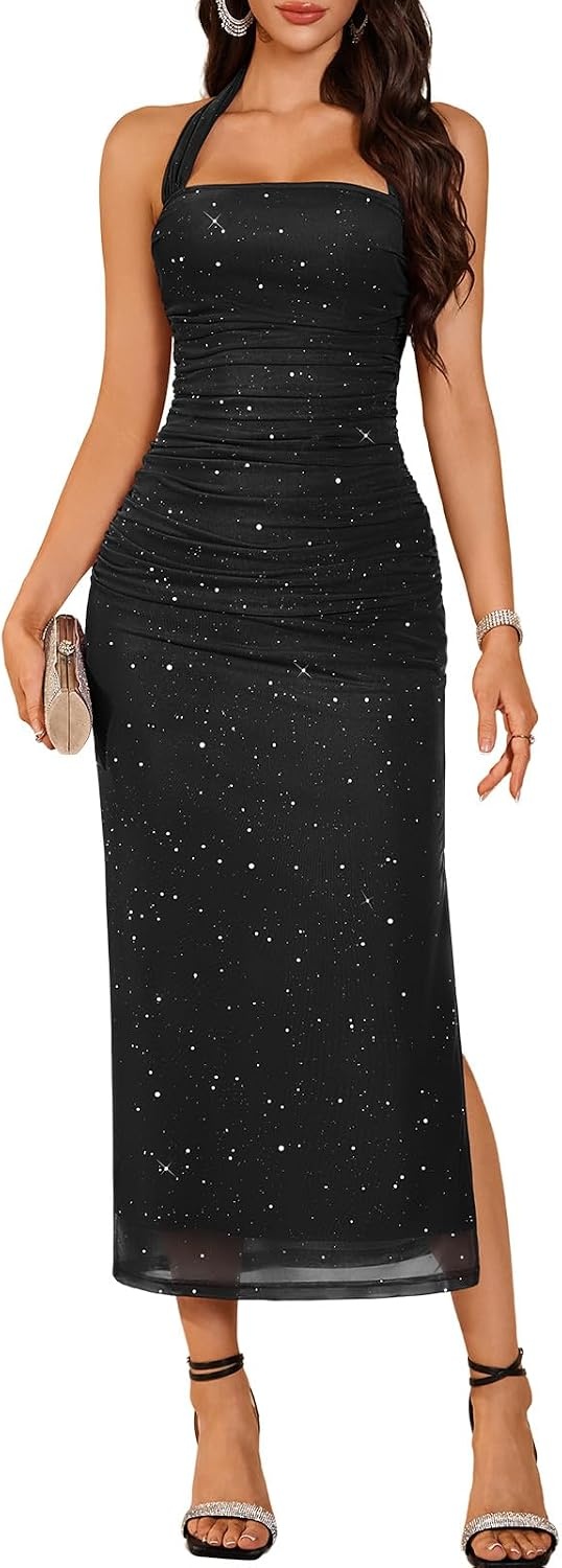 image:imageDRESSTELLS Sparkly Bodycon Maxi Cocktail Dress for Formal Wedding GuestBlack