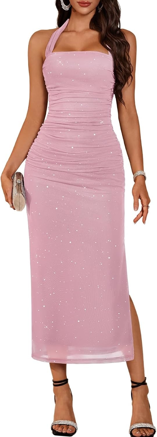 image:imageDRESSTELLS Sparkly Bodycon Maxi Cocktail Dress for Formal Wedding GuestBlush