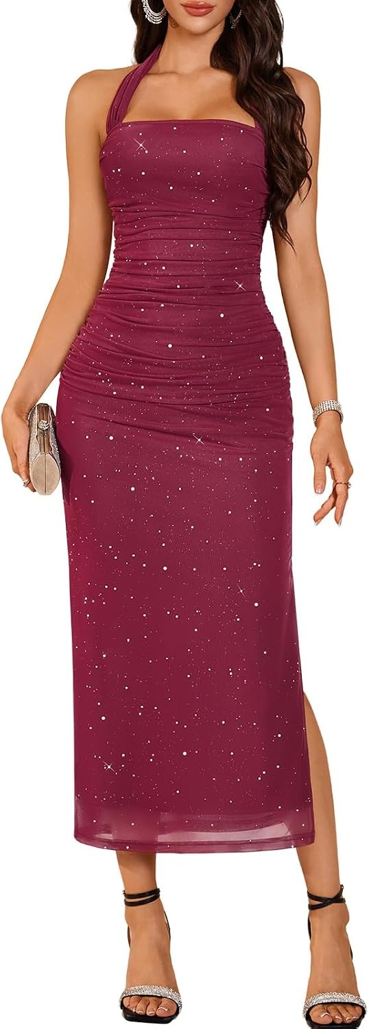 image:imageDRESSTELLS Sparkly Bodycon Maxi Cocktail Dress for Formal Wedding GuestDark Red
