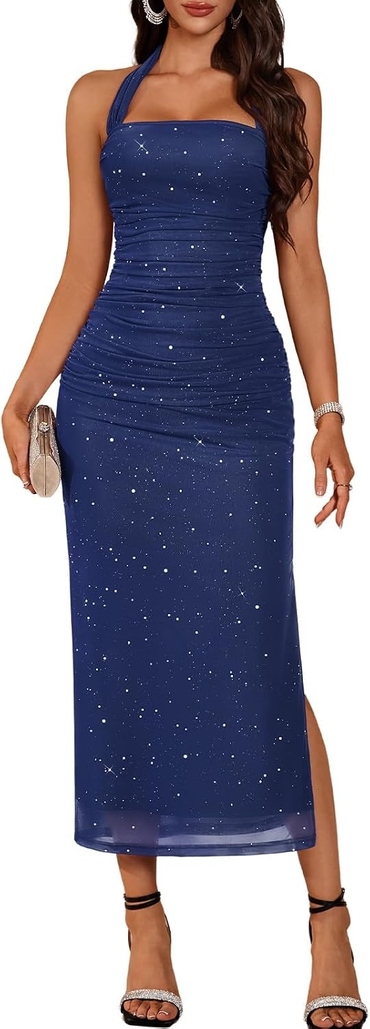 image:imageDRESSTELLS Sparkly Bodycon Maxi Cocktail Dress for Formal Wedding GuestNavy