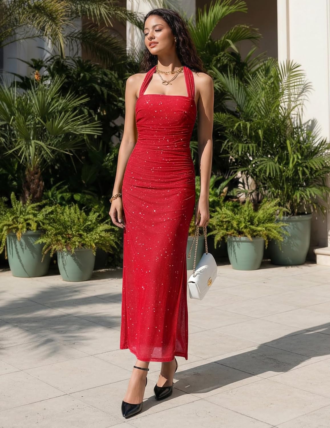 image:imageDRESSTELLS Sparkly Bodycon Maxi Cocktail Dress for Formal Wedding GuestRed