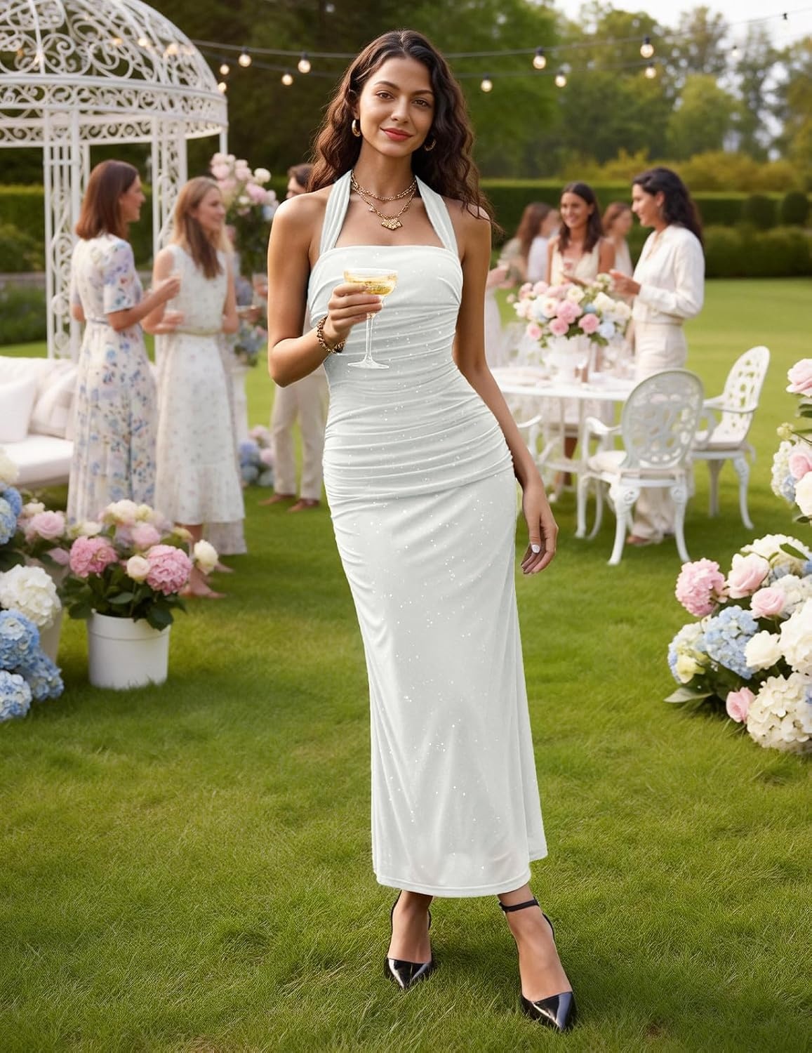 image:imageDRESSTELLS Sparkly Bodycon Maxi Cocktail Dress for Formal Wedding GuestWhite