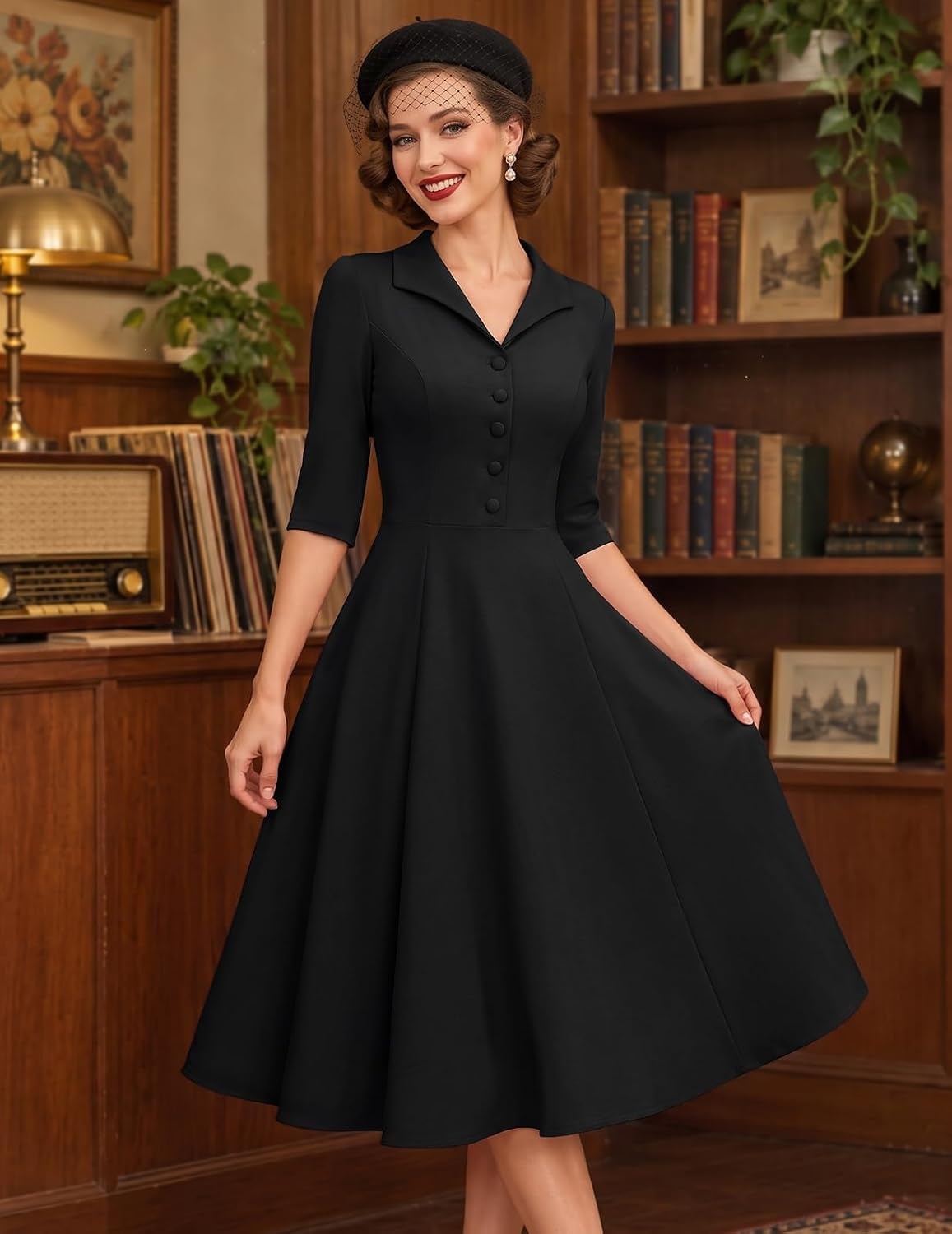 image:imageDRESSTELLS Vintage Midi Cocktail Dress for Women Wedding Guest 2026 FallBlack