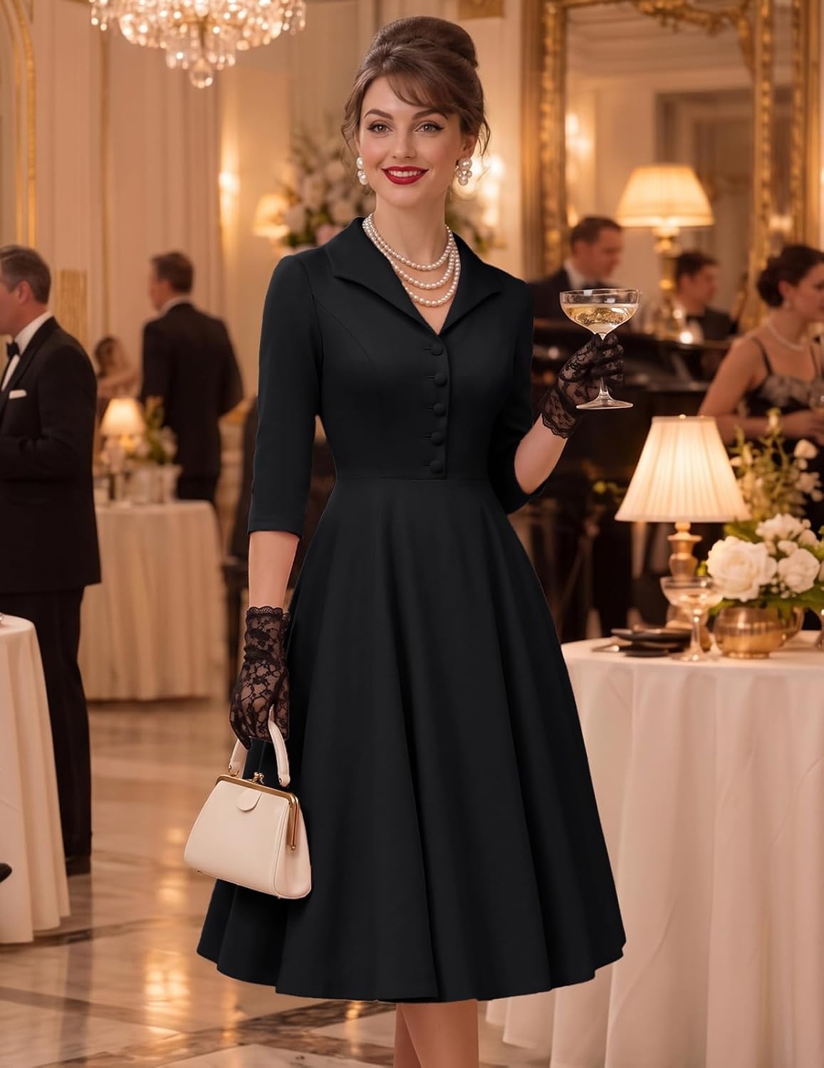 image:imageDRESSTELLS Vintage Midi Cocktail Dress for Women Wedding Guest 2026 FallBlack