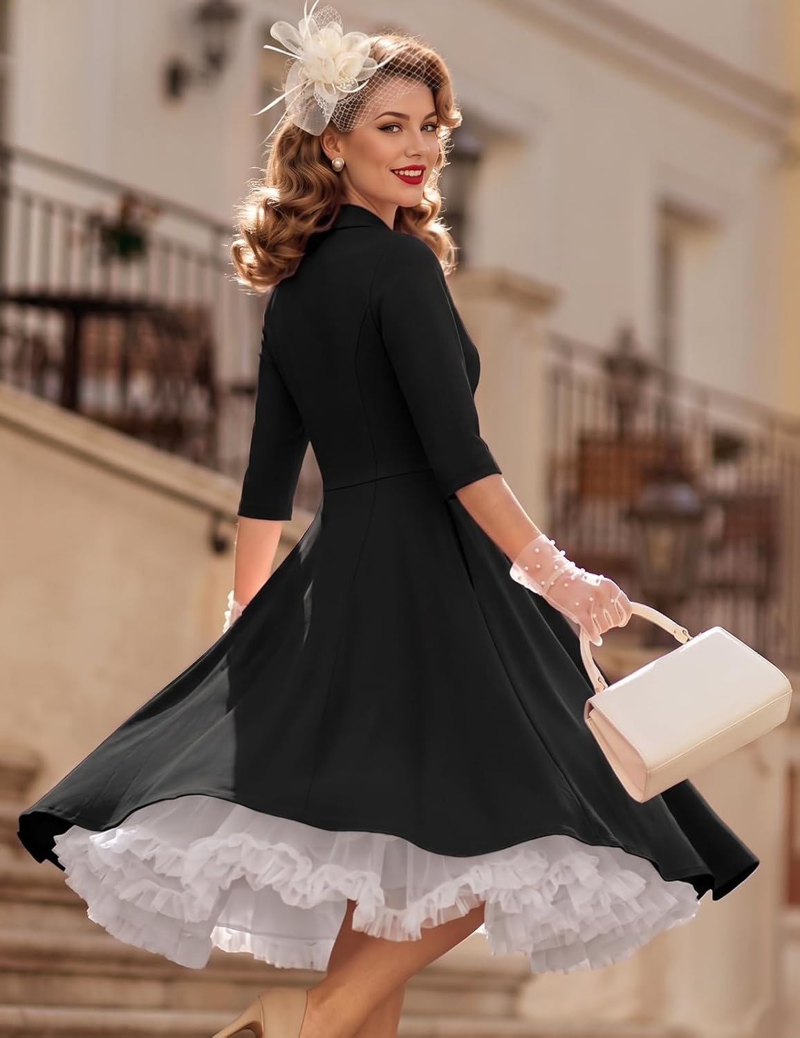 image:imageDRESSTELLS Vintage Midi Cocktail Dress for Women Wedding Guest 2026 FallBlack