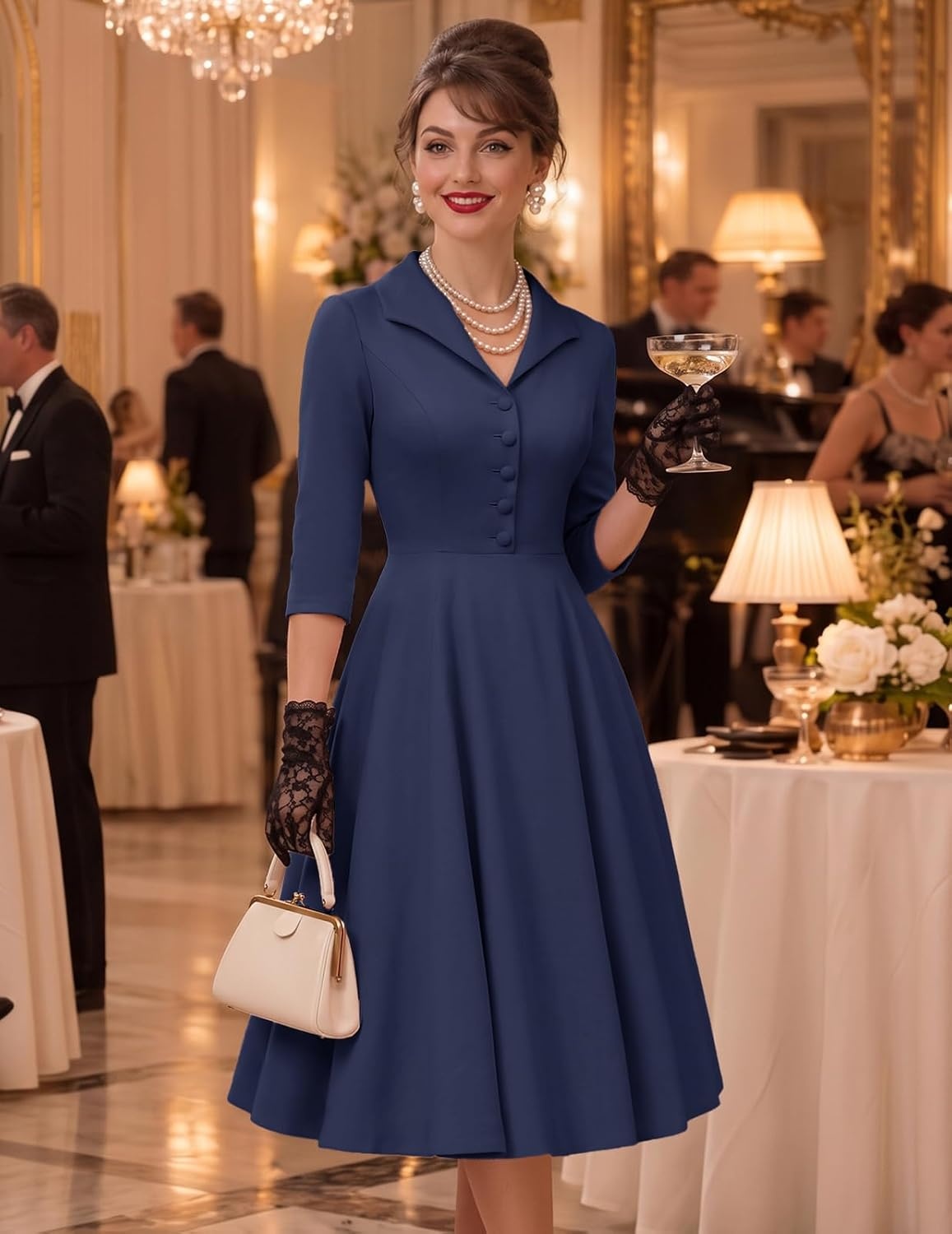 image:imageDRESSTELLS Vintage Midi Cocktail Dress for Women Wedding Guest 2026 FallNavy