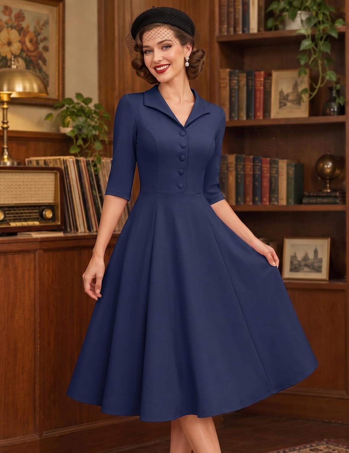 image:imageDRESSTELLS Vintage Midi Cocktail Dress for Women Wedding Guest 2026 FallNavy