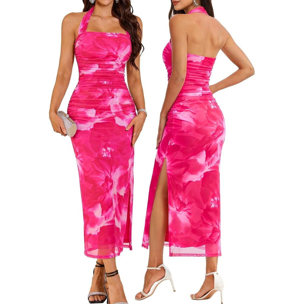 image:imageDRESSTELLS Sparkly Bodycon Maxi Cocktail Dress for Formal Wedding GuestRed Pink Flower
