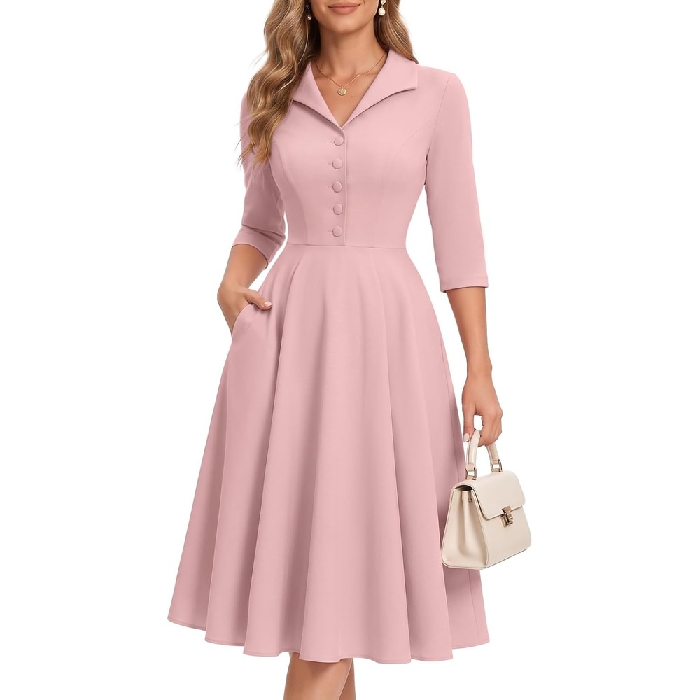 image:imageDRESSTELLS Vintage Midi Cocktail Dress for Women Wedding Guest 2026 FallBlush