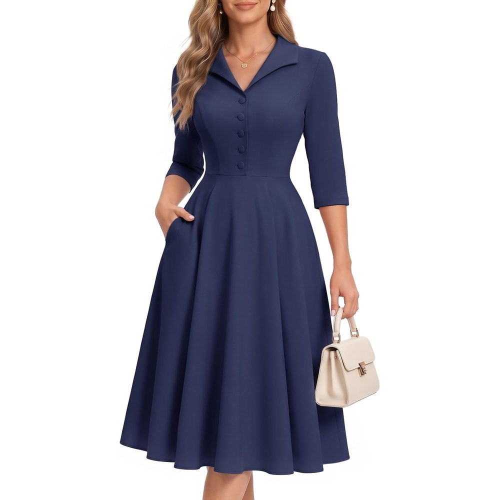 image:imageDRESSTELLS Vintage Midi Cocktail Dress for Women Wedding Guest 2026 FallNavy